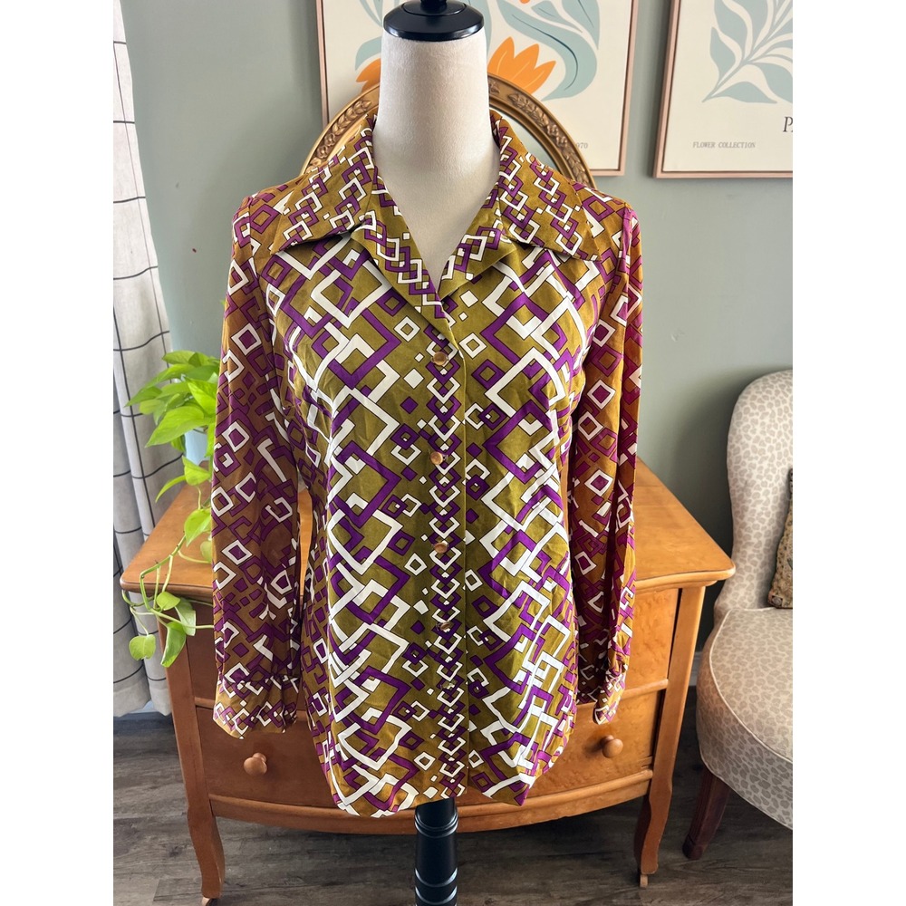Vintage Pykettes Disco Blouse 60s 70s Geometric Print Mustard Green  Purple Top